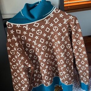 Luxury Brown & Teal Monogram Turtleneck Sweater